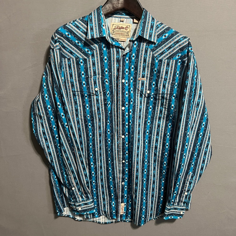 Rafter C Cowboy Collection Mens XL Blue Southwestern Pearl Snap Western Shirt